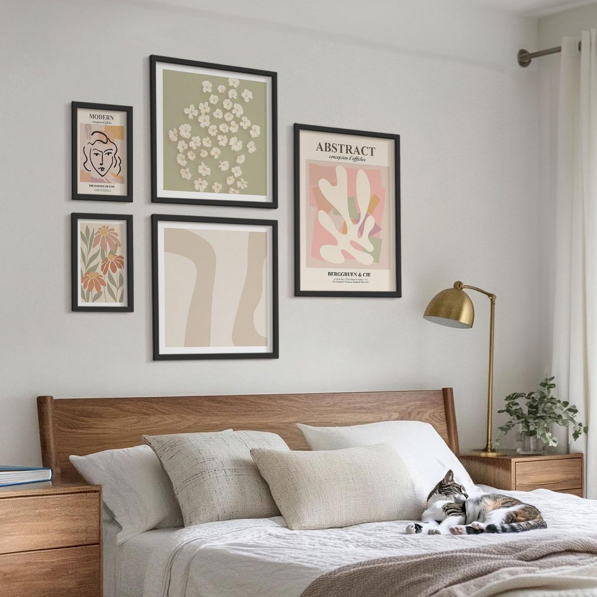 BILDER SET 5er Set - 50x50 cm & 20x30 cm & 40x60 cm Schwarzer Rahmen - Moderne abstrakte Frau - Schwarz, Kunststoff (40/60cm) - TULUP