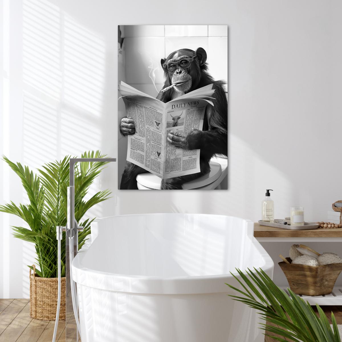 LEINWANDBILD Affe - WC - Zeitung - Schwarz-Weiß - Humor Wanddeko Schlafzimmer 60x90 cm - Hellgrau, Textil (60/90cm) - MuchoWow