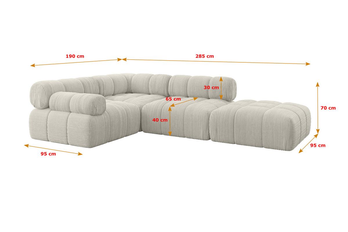 ECKSOFA modulares Sofa Felto-L1 - 285x190x70 cm Creme Cord - Hellgrau/Creme, Holzwerkstoff/Textil (285/190cm) - ALTDECOR