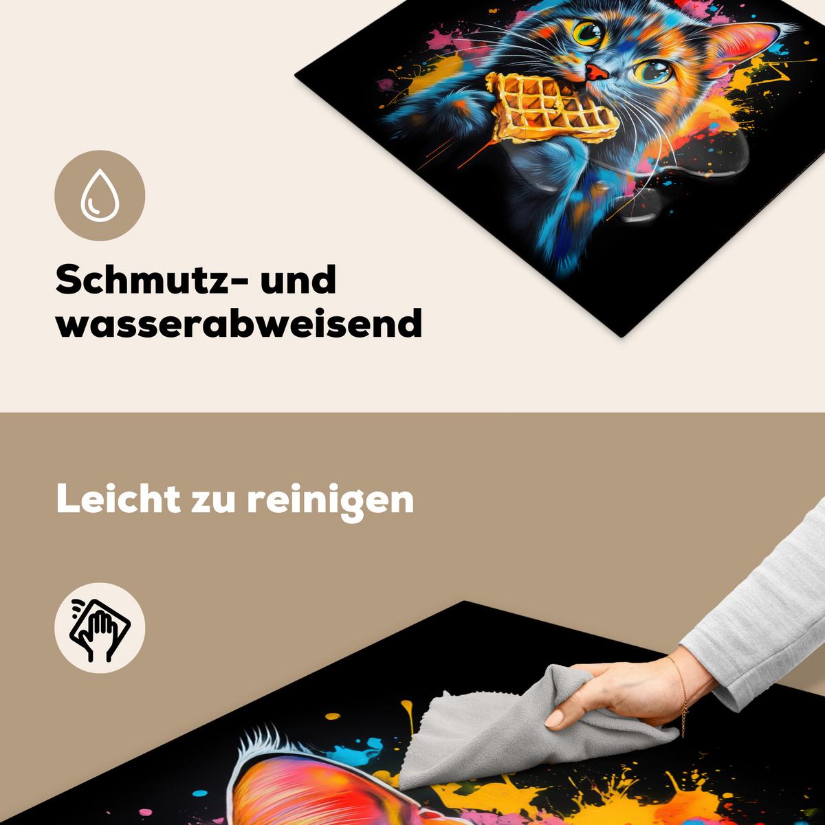 HERDABDECKPLATTE Katze - Graffiti - Bunt - Waffel - Essen Abdeckung Ceranfeld 59x51 cm - Multicolor, Kunststoff (59/51/0.2cm) - MuchoWow