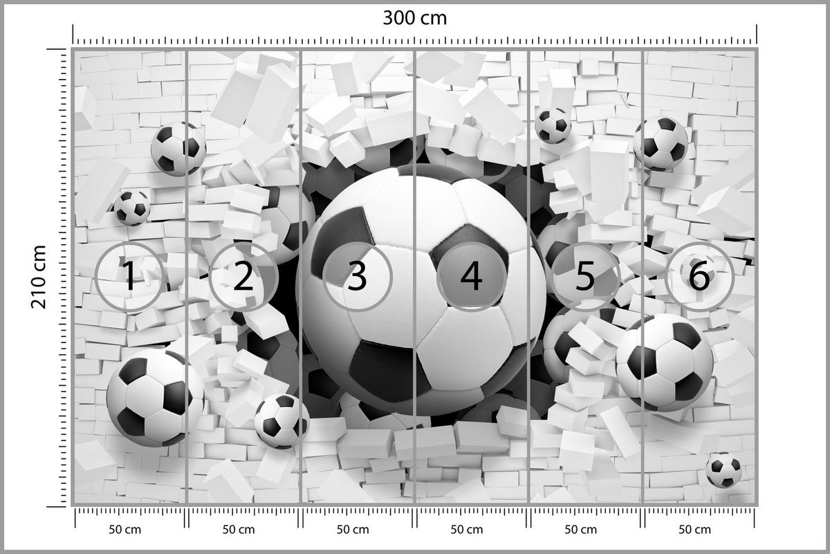 FOTOTAPETE für Jugendzimmer Fußbälle Weiße Ziegelwand Sport 300x210 - Schwarz/Weiß, Papier (300/210cm) - Muralo