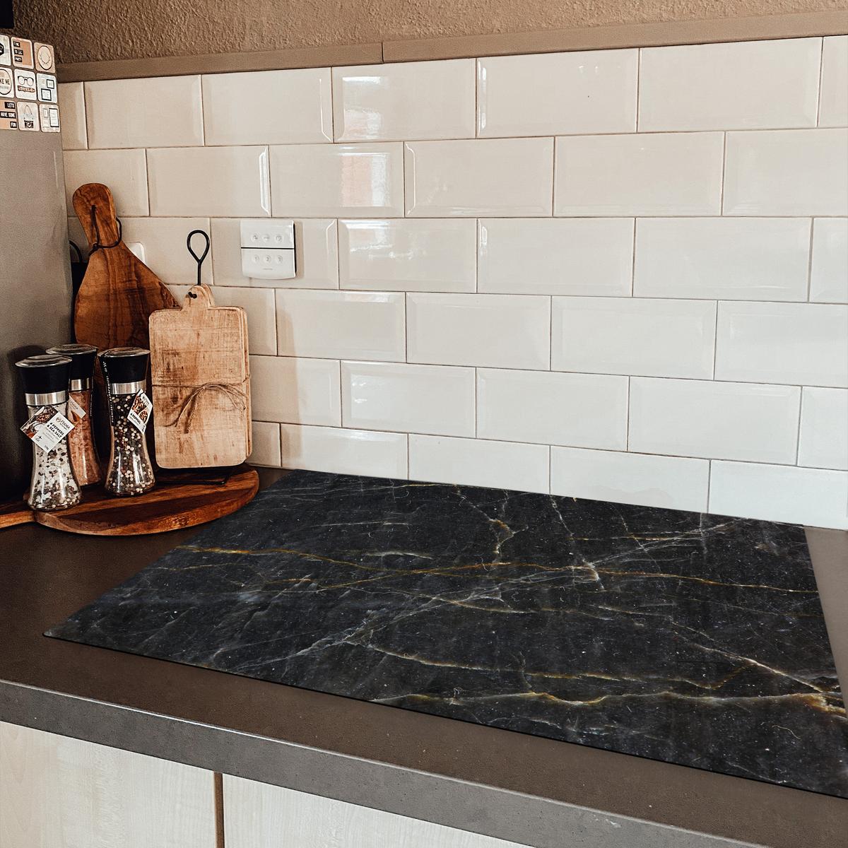 HERDABDECKPLATTE Marmor - Schwarz - Gold - Grau - Marmorstruktur Ceranfeldabdeckung 78x52 cm - Goldfarben, Kunststoff (78/52/0.2cm) - MuchoWow