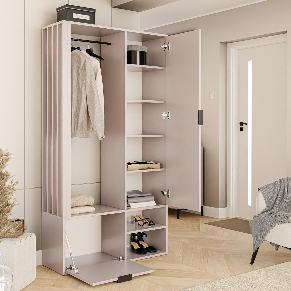 GARDEROBENSCHRANK mit Spiegel-mit Ablagen und Kleiderstange - Beige, Holzwerkstoff (100/190/33cm) - Idohome