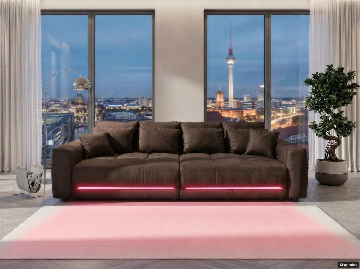 BIG-SOFA Federkern B294/T136/H86 cm, RGB-LED-Beleuchtung mit Fernbedienung, Mikrofaserstoff in Braun / 15417 - Schwarz/Braun, Kunststoff/Textil (294/86/136cm) - luma-home