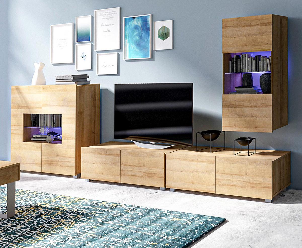WOHNWAND Kossana 17 Modern Goldene Eiche 300/155/43 cm Stauraumwunder - Hellbraun, Holzwerkstoff/Kunststoff (300/155/43cm) - AX Living