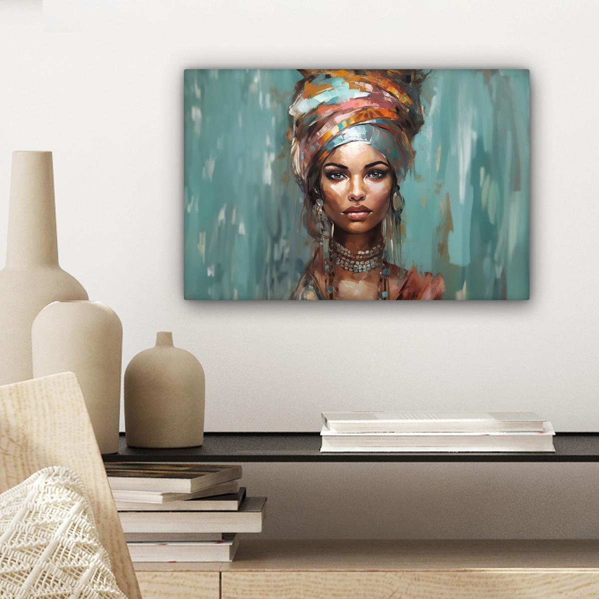 LEINWANDBILD Frau - Kunst - Schmuck - Porträt Deko Schlafzimmer 30x20 cm - Blaugrau, Textil (30/20cm) - MuchoWow