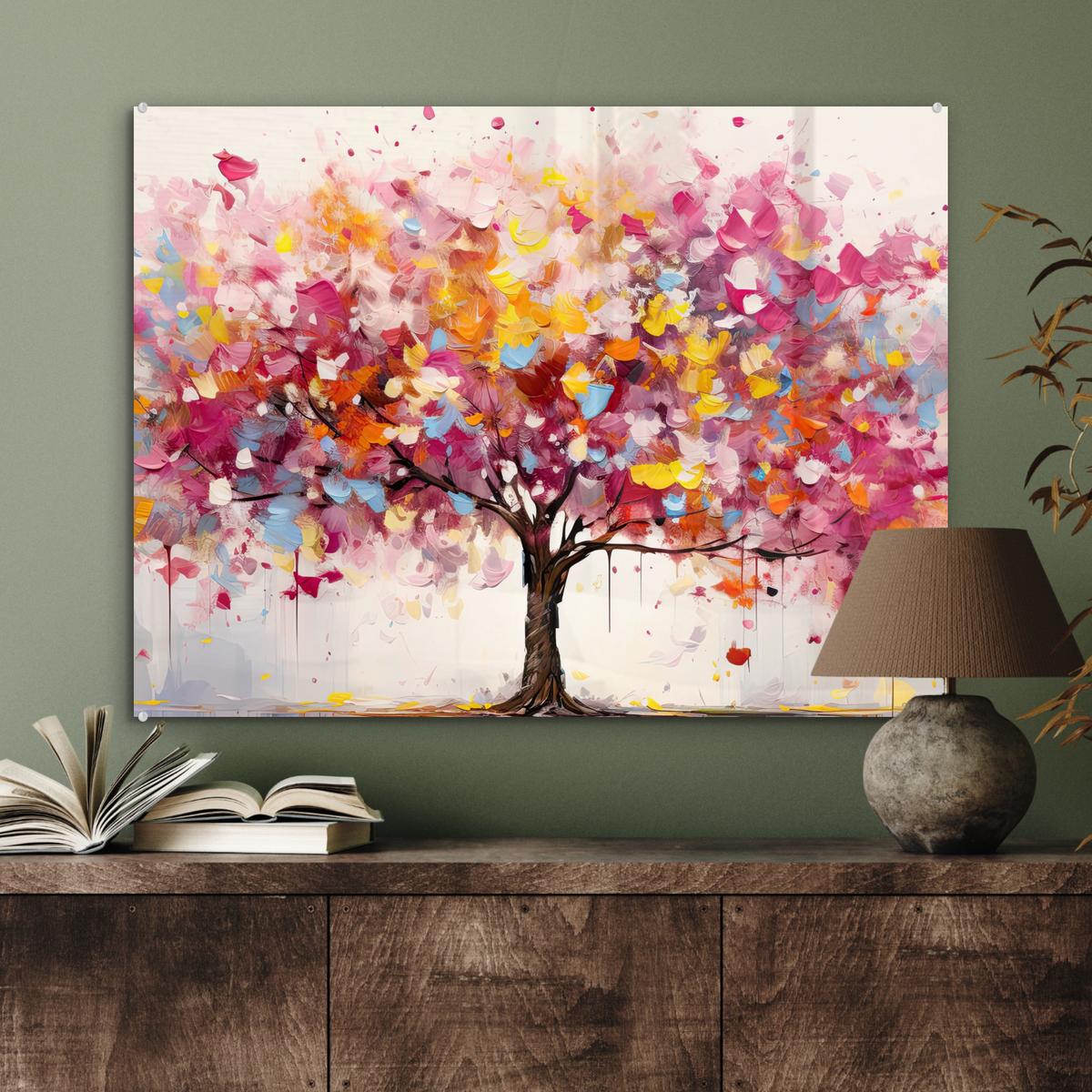 ACRYLGLASBILD Aquarell - Baum - Kunst - Abstrakt 80x60 cm - Multicolor, Glas (80/60cm) - MuchoWow