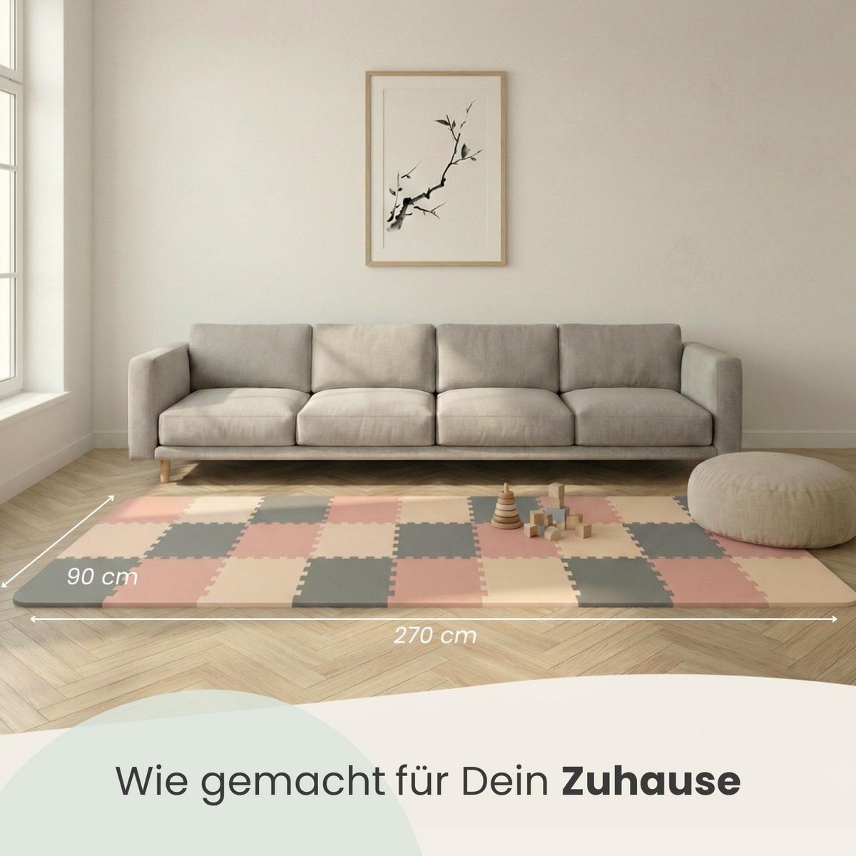 SPIELMATTE mit Rand - 270/90/1 cm Puzzlematte Grau Rosa Beige - Grau, Kunststoff (30/30cm) - Littletom