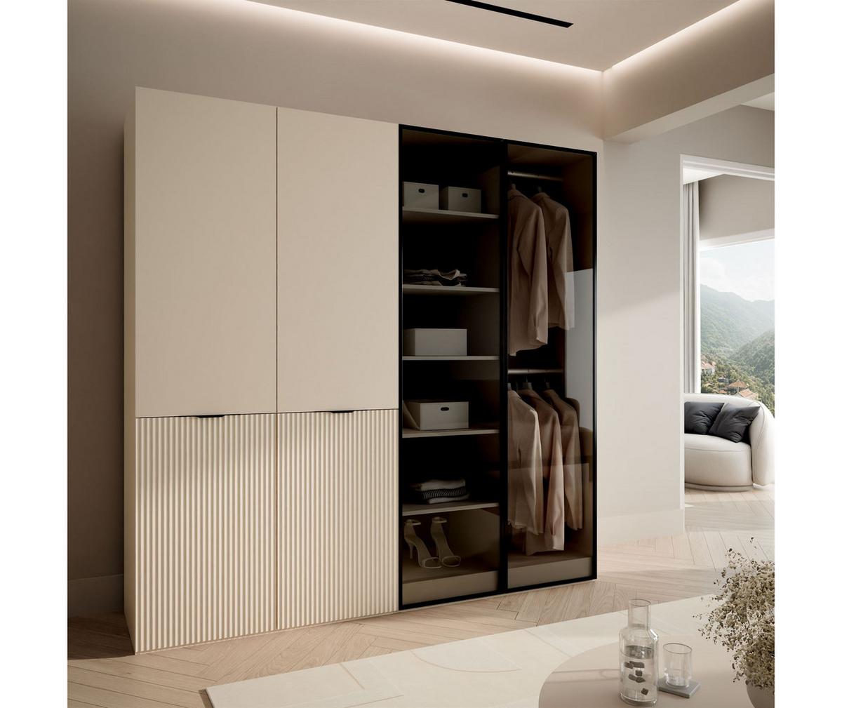 KLEIDERSCHRANK SANDBOX KASHMIR 200 202/49/200 cm Kaschmir / Kaschmir + schwarzes Glas ohne LED ohne Zusatzböden - Kaschmir/Schwarz, Holzwerkstoff/Kunststoff (202/200/49cm) - Lookway