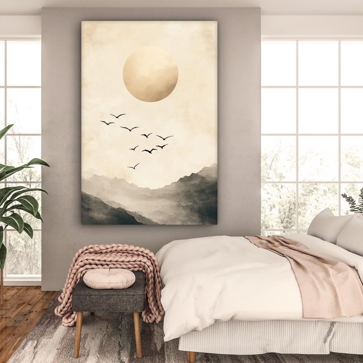 LEINWANDBILD Landschaft - Japandi - Vogel Deko Groß 90x140 cm - Beige, Textil (90/140cm) - MuchoWow