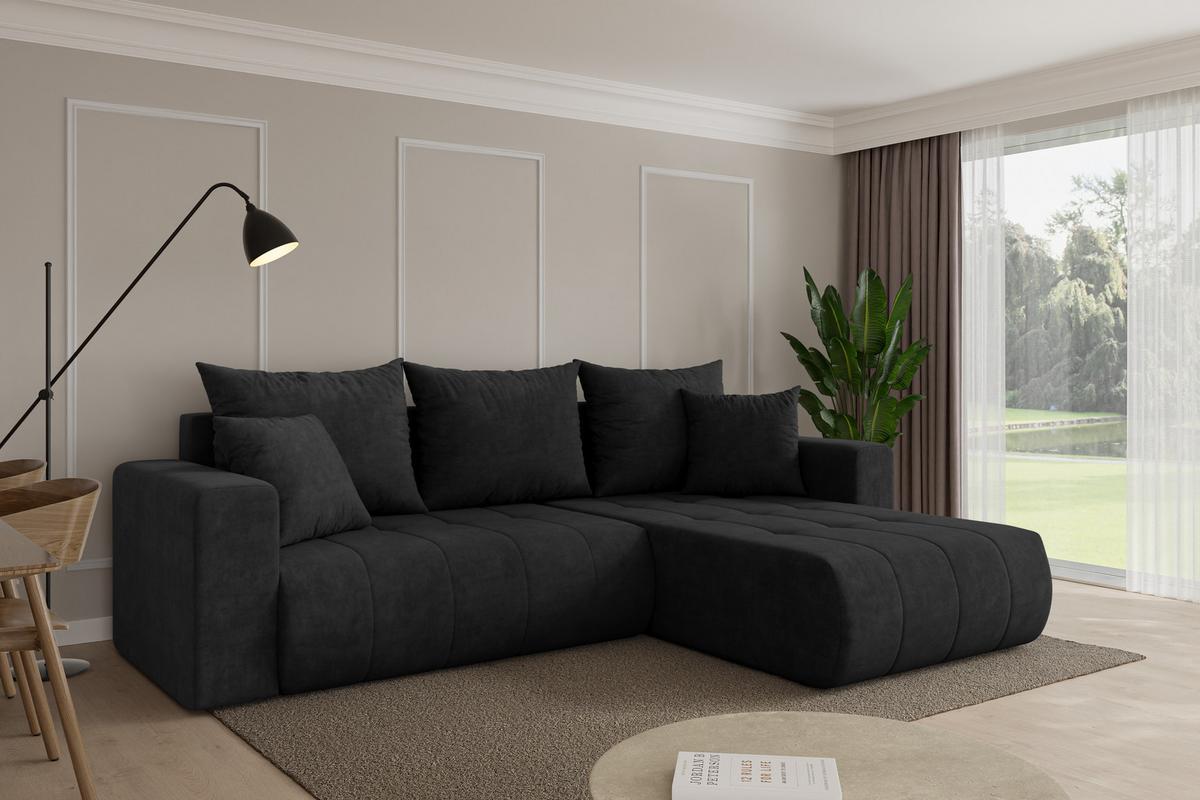 ECKSOFA mit Schlaffunktion Ottomane Rechts MILA-L 277x194x86 Schwarz Velours - Schwarz, Holzwerkstoff/Kunststoff (277/194cm) - ALTDECOR