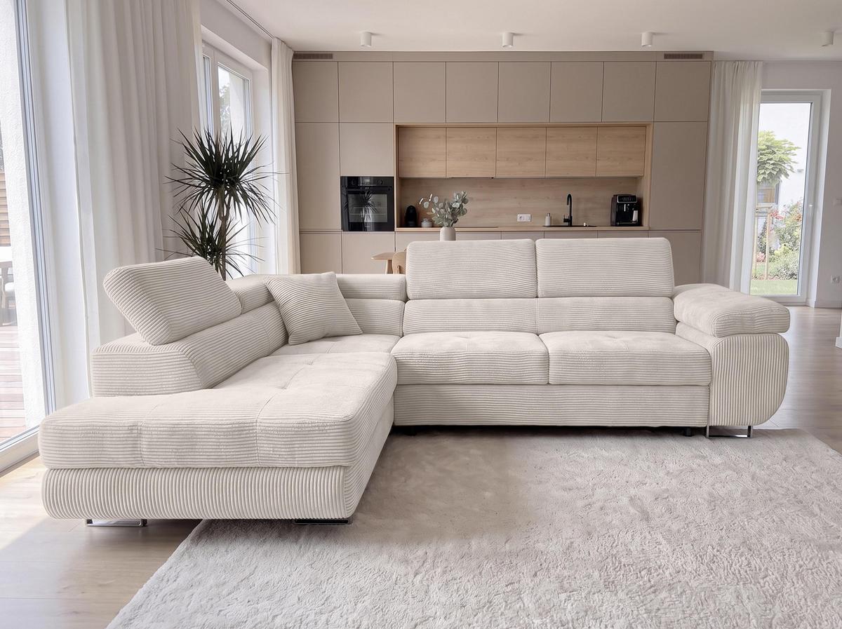 ECKSOFA L Form Konak Cremeweiß 276/201/90 cm Links mit Schlaffunktion - Silberfarben/Creme, Textil/Metall (203/276cm) - AX Living