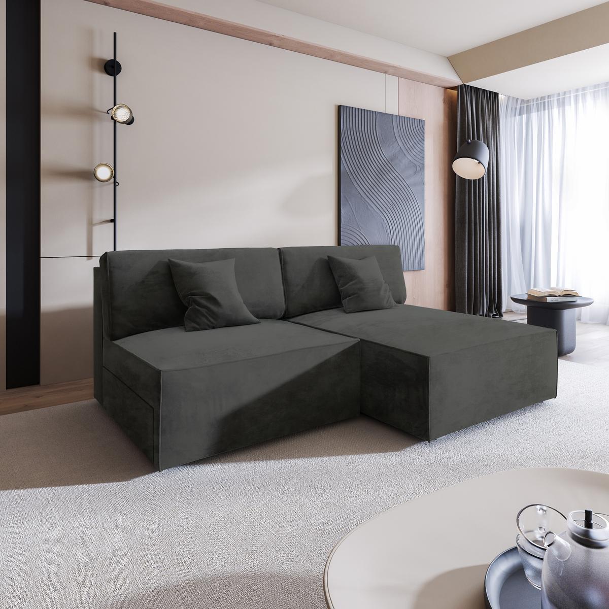 ECKSOFA FIORO M Schwarz Velours-Stoff mit Schlaffunktion - Schwarz/Grau, Holz/Kunststoff (204/148cm) - MASSENO