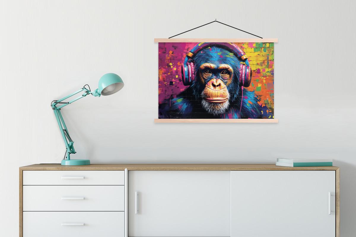 POSTER MIT MAGNETLEISTEN Graffiti - Schimpanse - Straßenkunst - Kopfhörer - Affe Wanddeko 90x60 cm - Blau, Textil (90/60/0.15cm) - MuchoWow