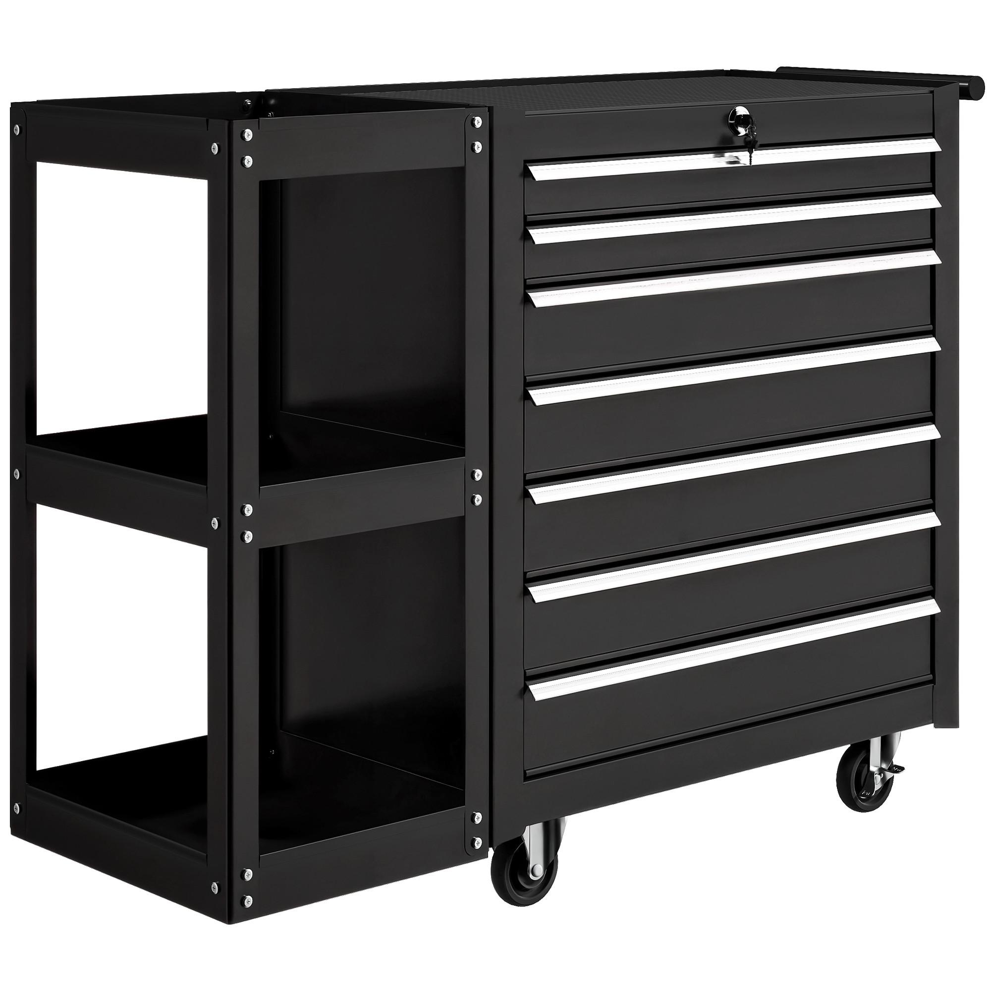 WERKSTATTWAGEN Werkzeugwagen mit 7 Schubladen abnehmbar Seitenregal Rollen - Schwarz, Metall (33.5/75/96cm) - HOMCOM