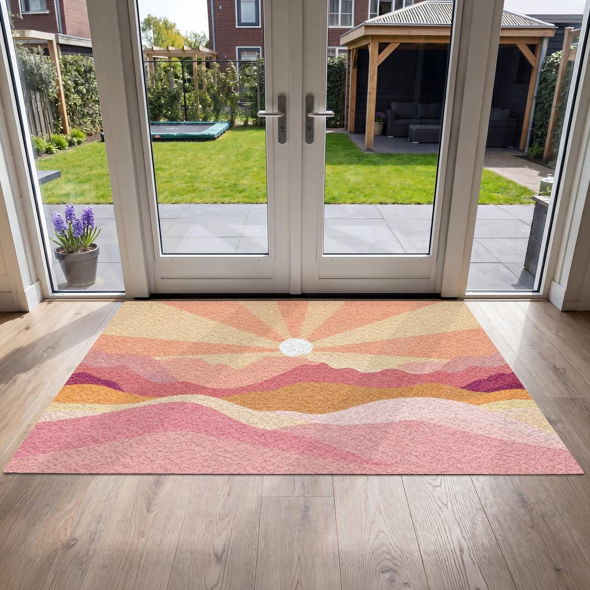 FUSSMATTE Berge - Abstrakt - Sonnenstrahlen - Rosa Sauberlaufmatte 180x120 cm - Rosa, Kunststoff (180/0.4cm) - MuchoWow