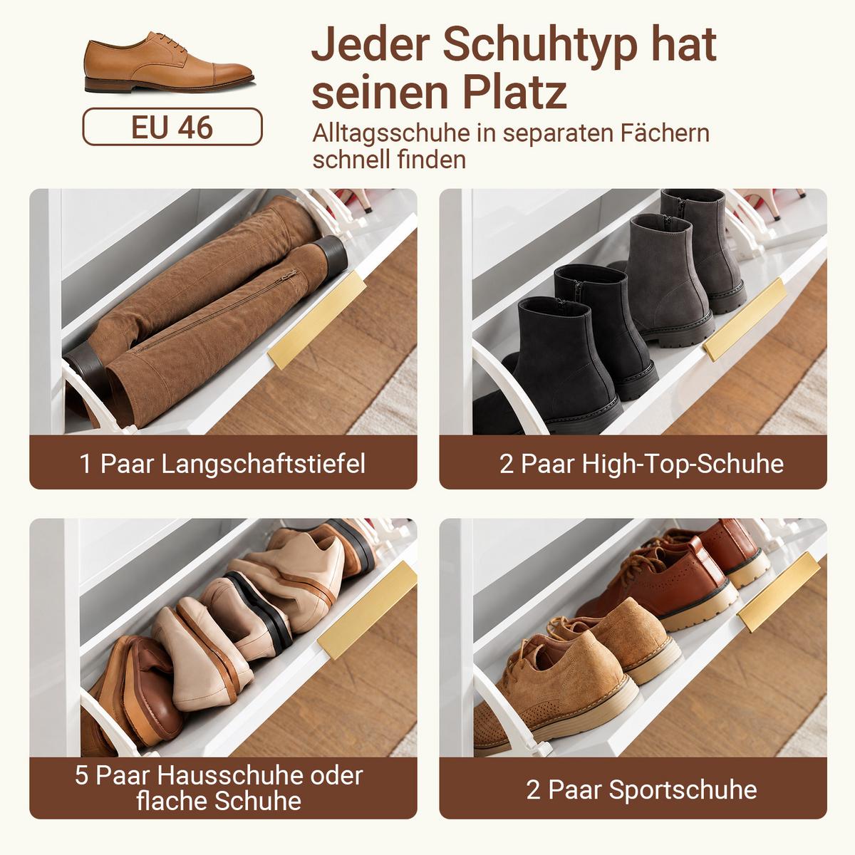 SCHUHSCHRANK weiß hochglanz, 100 x 88 x 19 cm, 4 Klappen für ca. 8 Paare bis EU 46, goldene Griffe und Füße - Weiß, Holzwerkstoff (100/90/19cm) - SoBuy