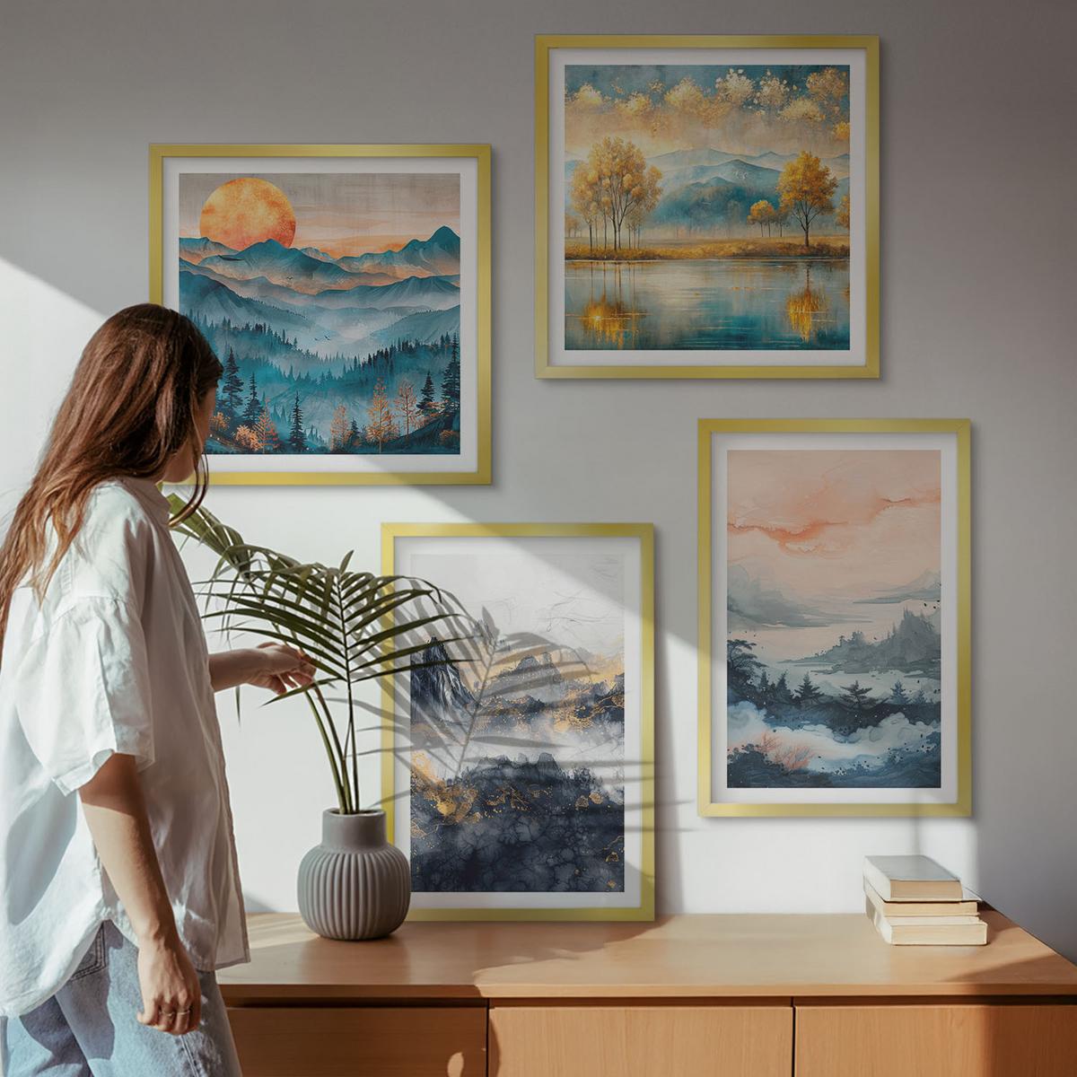 BILDER SET 4er Set - 50x50 cm & 40x60 cm Goldrahmen - Gemalte Abstraktionen der Natur - Goldfarben, Kunststoff (50/50cm) - TULUP