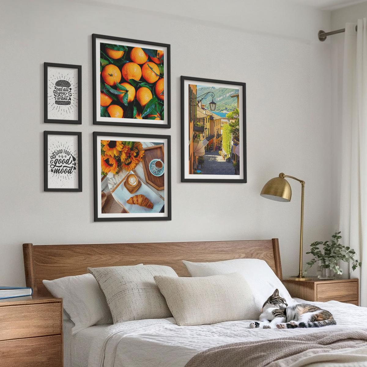 BILDER SET 5er Set - 50x50 cm & 20x30 cm & 40x60 cm Schwarzer Rahmen - Juicy Oranges Kitchen - Schwarz, Kunststoff (40/60cm) - TULUP