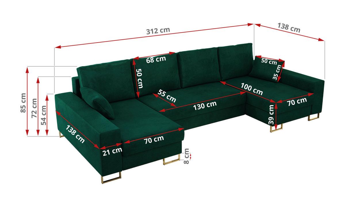 WOHNLANDSCHAFT DORIAN U Velvet Dunkelgrün - Dunkelgrün/Goldfarben, Textil/Metall (312/85/138cm) - MKS