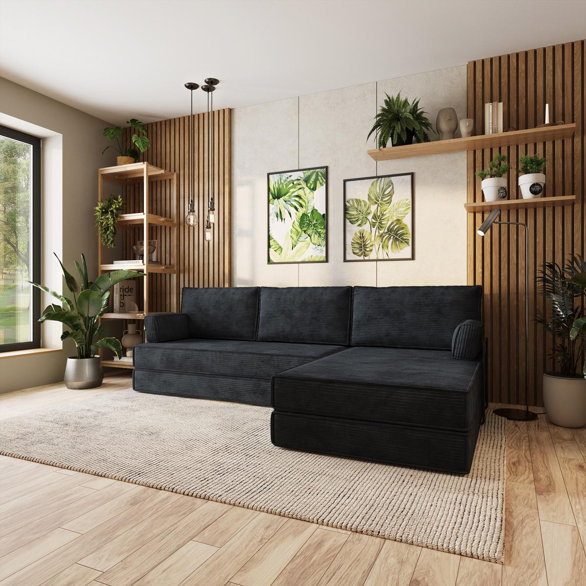 ECKSOFA ANKO modulares Boneless Sofa mit Schlaffunktion Schwarz Kordstoff - Schwarz, Textil (270/160cm) - MASSENO