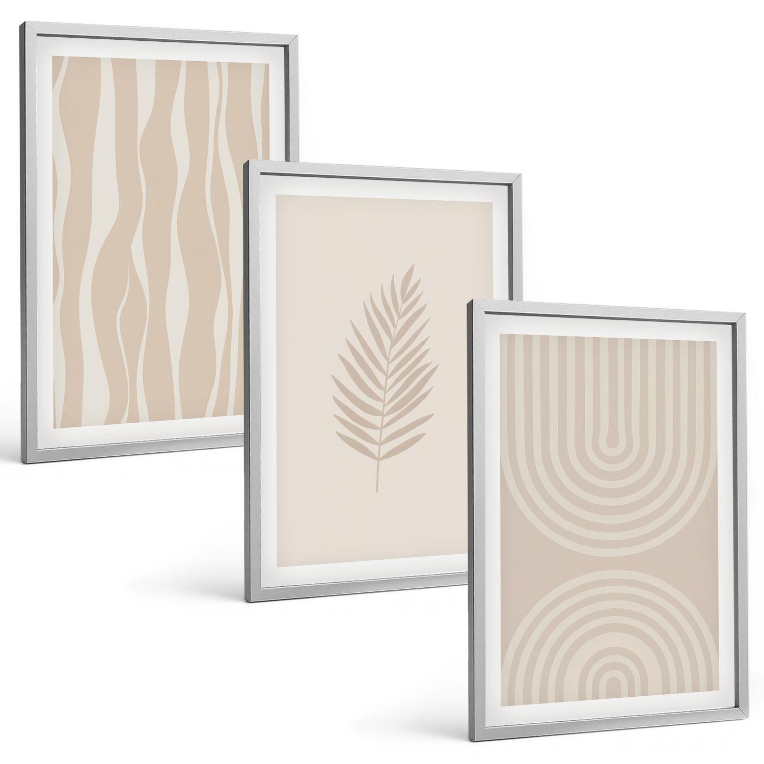 BILDER SET 3er Set - 40x60 cm Silberner Rahmen - Beige Pflanzenmuster - Silberfarben, Kunststoff (40/60cm) - TULUP