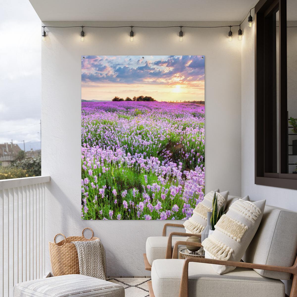 GARTENPOSTER Blumen - Lavendel - Lila - Himmel - Sonnenuntergang - Wiese - Natur Gartendekoration 120x160 cm - Flieder, Kunststoff (120/160/0.2cm) - OnlyWow