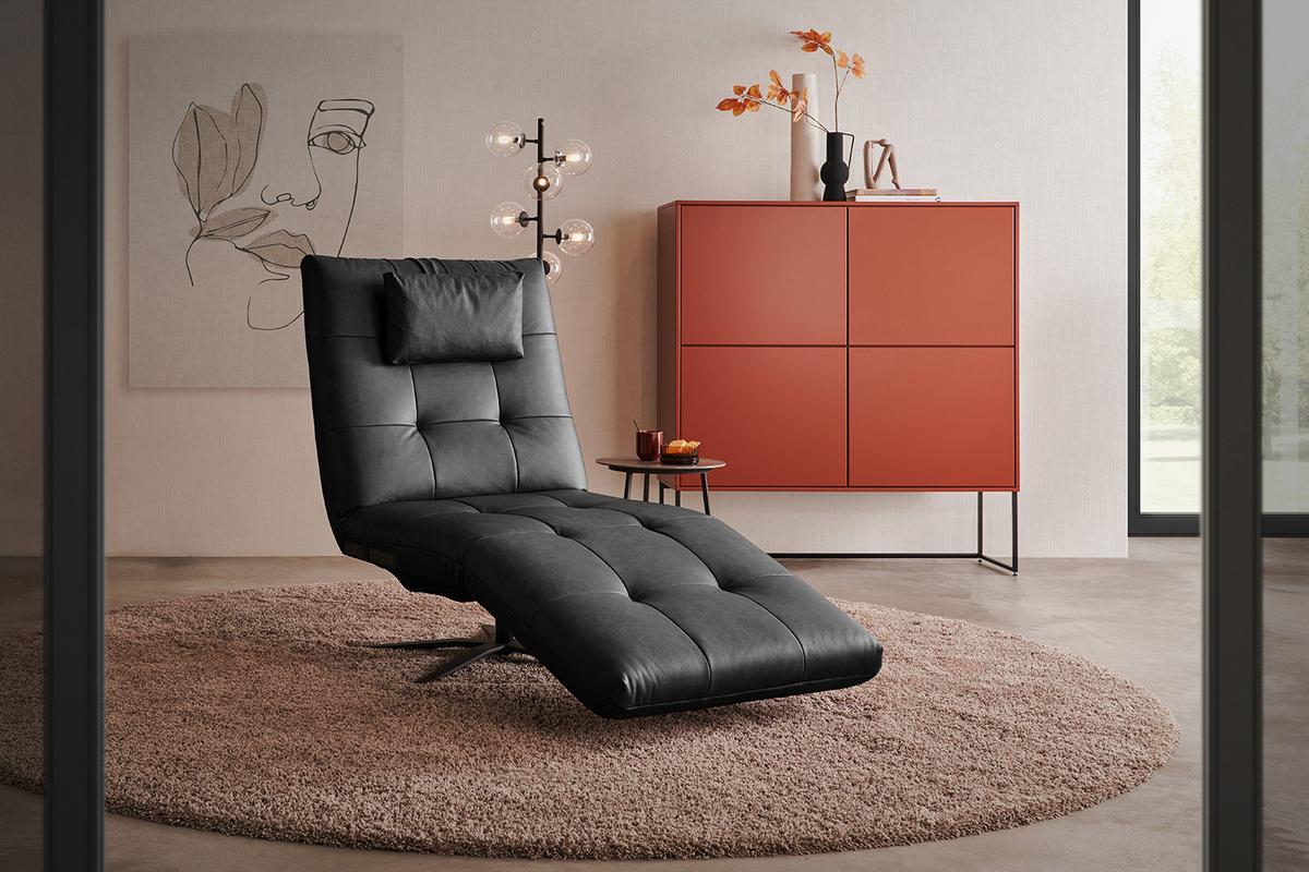 RELAXLIEGE LETICIA Schwarz Leder Drehbar (360°), Relaxfunktion - Schwarz, Leder/Metall (82/115/156cm) - KAWOLA