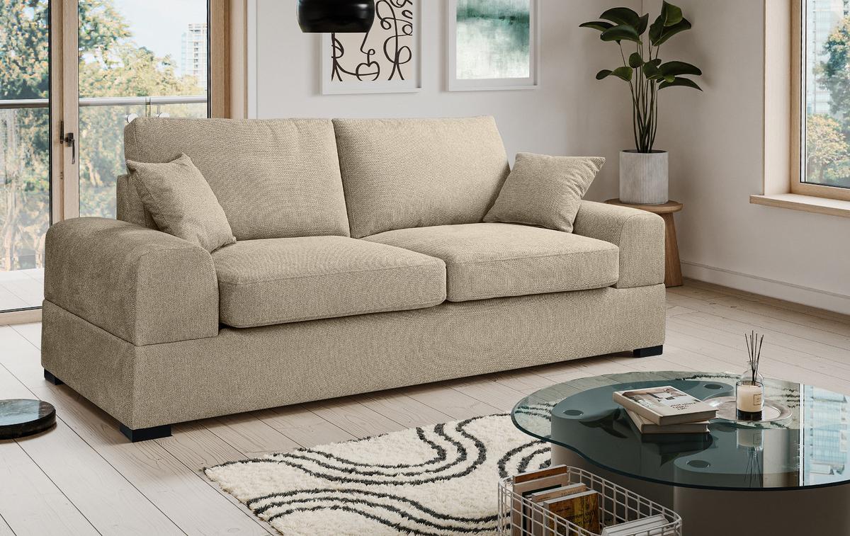 SOFA beige Strukturstoff, Couch 3-Sitzer 221 cm mit Premium Kaltschaum - Beige/Schwarz, Holz/Textil (221/90/93cm) - Inn.Furn