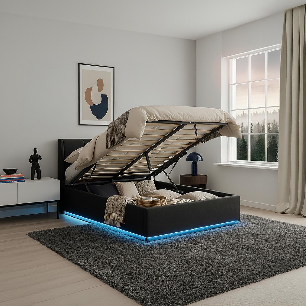 LED POLSTERBETT Tröstiar mit Matratze - Schwarz, Holzwerkstoff/Kunststoff (140/200cm) - [en.casa]