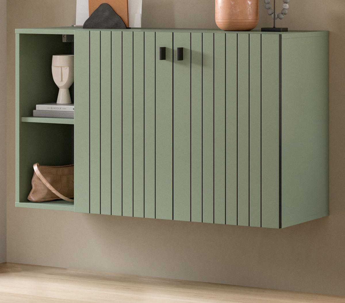 SCHUHSCHRANK grün mit Rillen 106 cm, Flurkommode hängend - Schwarz/Grün, Holzwerkstoff/Metall (106/63/37cm) - Inn.Furn