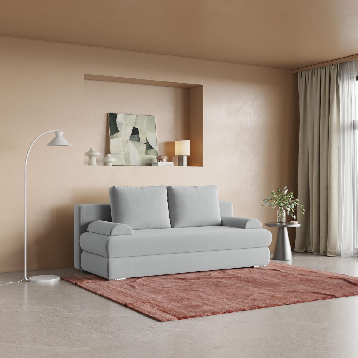 SCHLAFSOFA ASPERO Hellgrau Plüsch-Stoff mit Schlaffunktion - Hellgrau, Holz (200/95/75cm) - MASSENO
