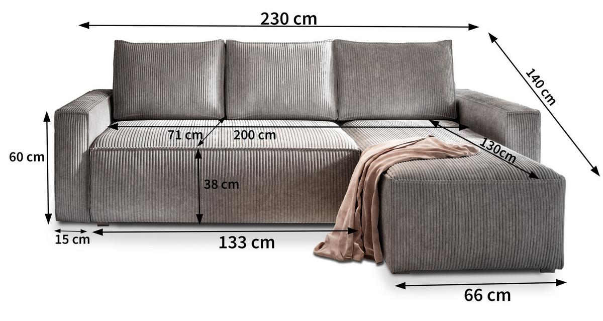 ECKSOFA POTARO Beige Kordstoff mit Schlaffunktion - Beige/Grau, Holz/Kunststoff (232/140cm) - MASSENO