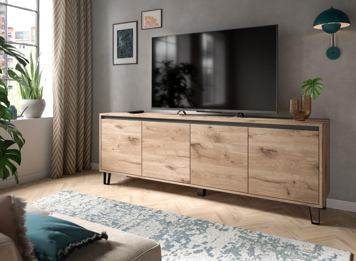 TV-LOWBOARD Eiche Viking 184 cm, Flat-TV Unterschrank mit Komforthöhe und Soft-Close - Eichefarben/Schwarz, Holz/Holzwerkstoff (184/64/40cm) - Inn.Furn