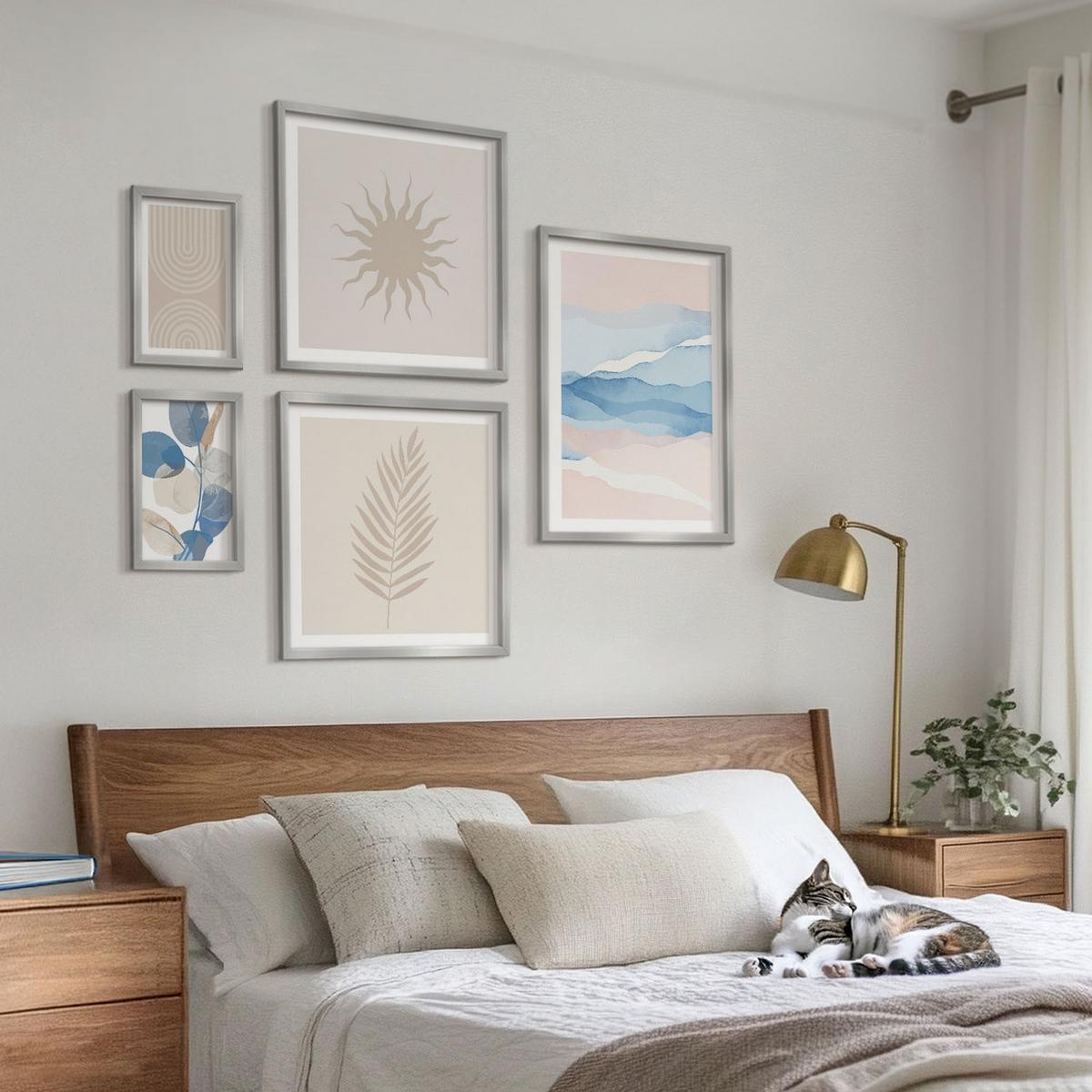 BILDER SET 5er Set - 50x50 cm & 20x30 cm & 40x60 cm Silberner Rahmen - Abstrakte Linien der Sonnenwellen - Silberfarben, Kunststoff (40/60cm) - TULUP