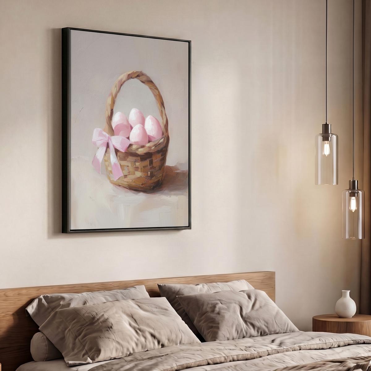LEINWAND Bilder mit Rahmen - Korb - Eier - Rosa - 70x100 - Beige, Textil (70/100cm) - MuchoWow