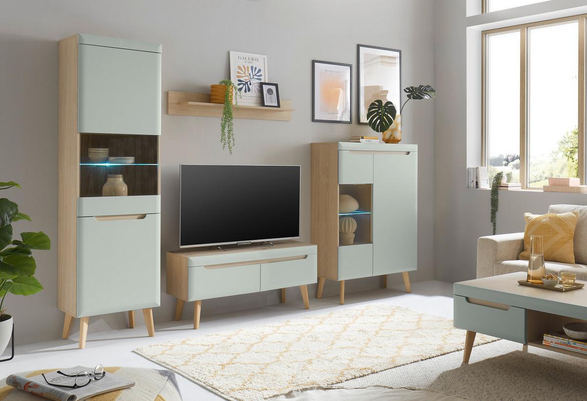WOHNWAND 4-teilig Pistazie grün, Eiche, skandinavisch 290 cm, Wohnkombination mit Soft-Close - Eichefarben/Pastellgrün, Glas/Eichenholz (290/197/40cm) - Furn.Design