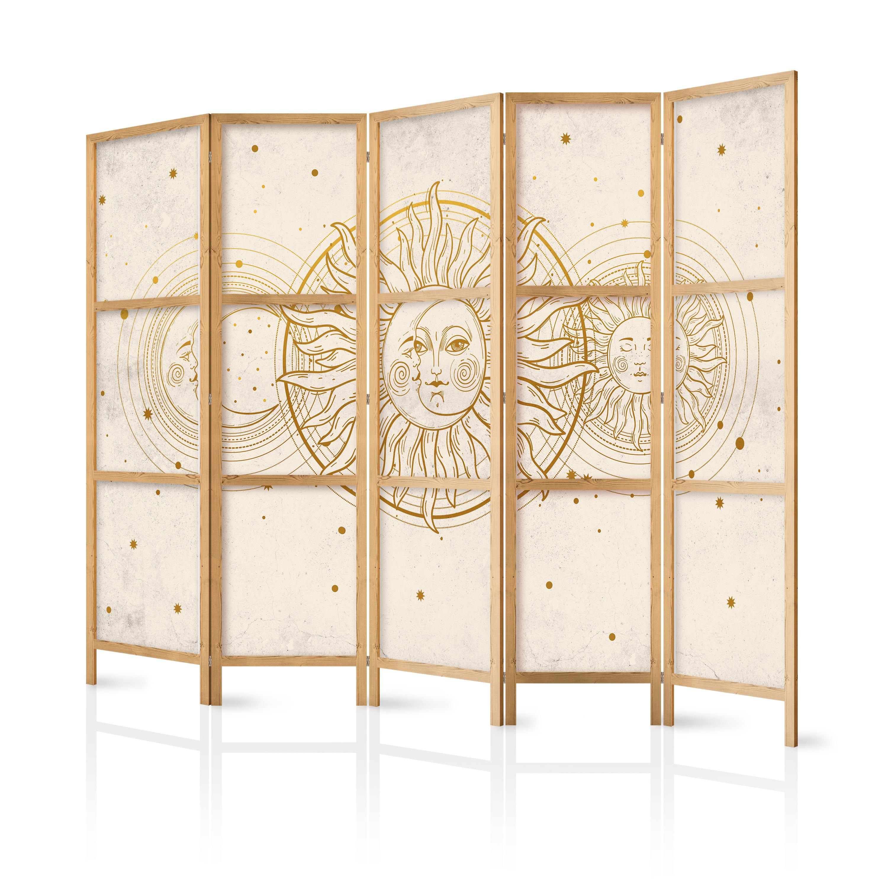 PARAVENT Japanischer 5-tlg 225x172 cm Monde Und Sterne - Beige, Holz/Textil (225/172/3cm) - Muralo