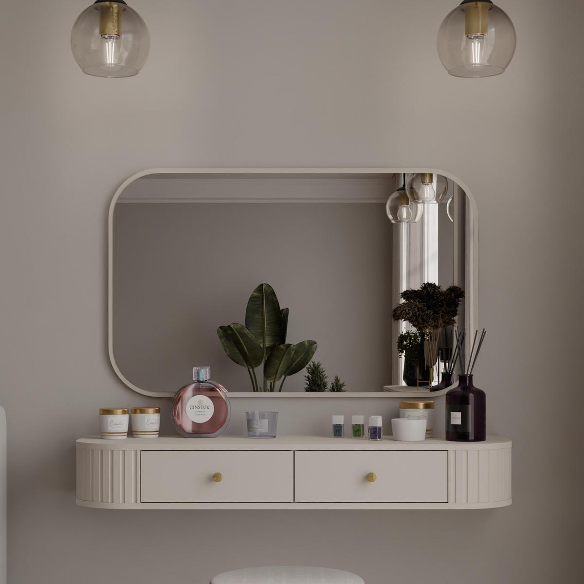 KONSOLENTISCH Halay Beige 2 Schubladen mit runden Kanten + Rechteckiger Spiegel - Beige/Goldfarben, Holzwerkstoff/Metall (36/123/17.5cm) - AX Living
