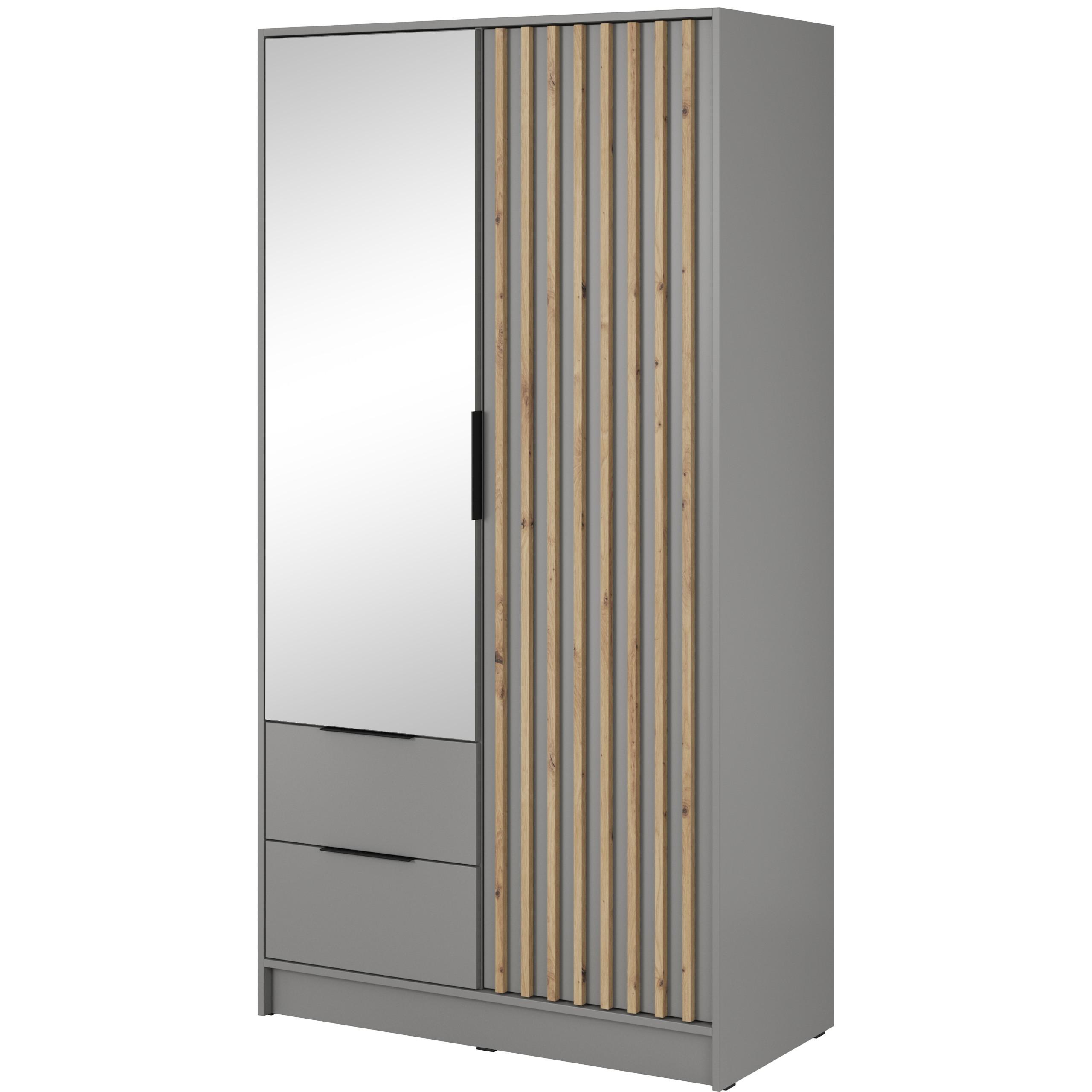DREHTÜRENSCHRANK NELIANA 105/200/51 cm 2-türig mit Spiegel Grau - Grau, Holzwerkstoff (105/200/51cm) - MASSENO