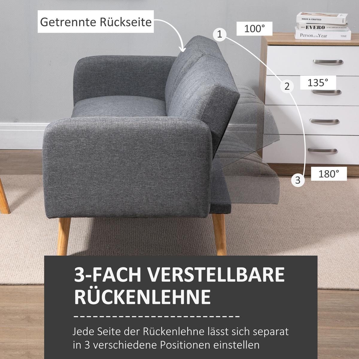 SCHLAFSOFA Klappsofa 2-Sitzer Stoffsofa Sofa mit Schlaffunktion Leinen-Touch - Naturfarben/Grau, Holz/Textil (75/73/173cm) - HOMCOM