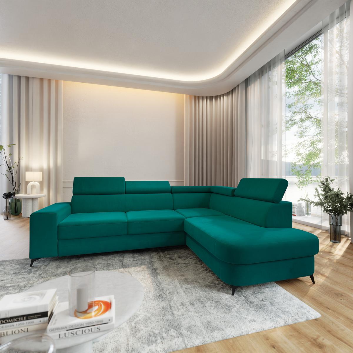 ECKSOFA ALVORO R-S Blau Velours-Stoff mit Schlaffunktion - Smaragdgrün, Holz (253/190cm) - MASSENO