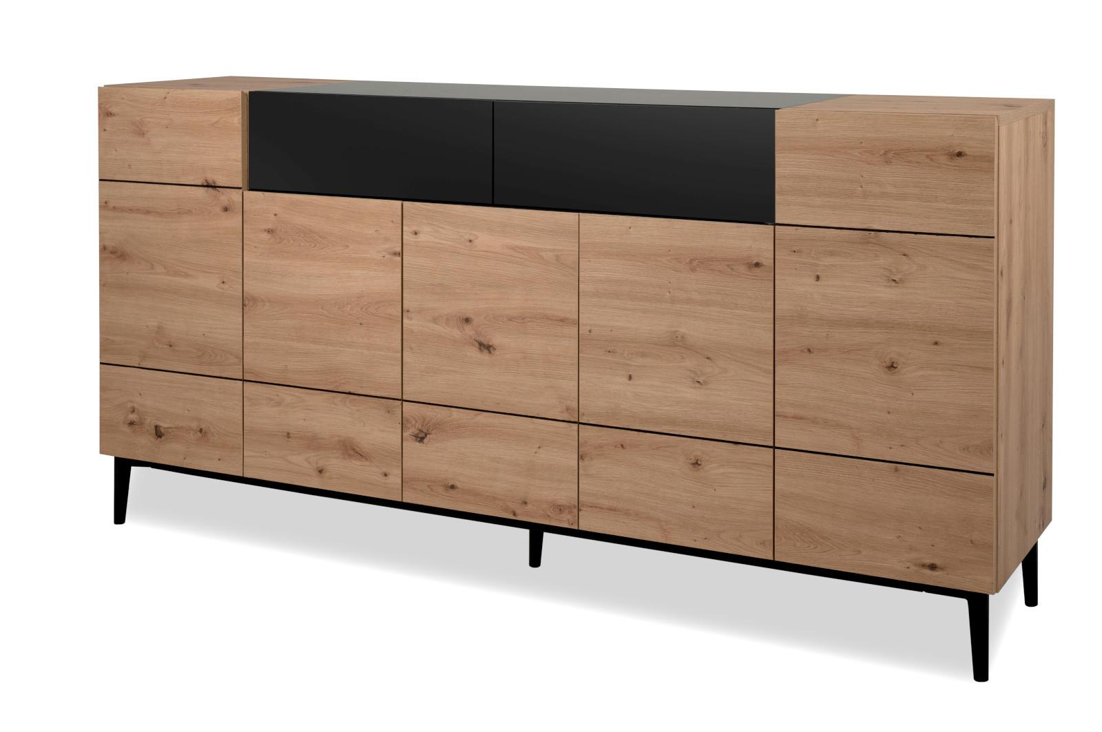 SIDEBOARD Eiche Artisan, schwarz 180 cm, Kommode 5-türig, viel Stauraum - Schwarz/Eiche Artisan, Holzwerkstoff (180/90/42cm) - Furn.Design