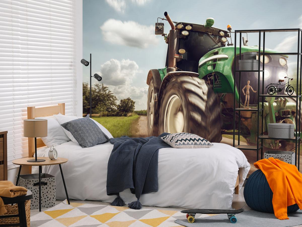 FOTOTAPETE Fahrender Traktor Bäume Vegetation Landwirtschaft 400x280 - Schwarz/Weiß, Papier (400/280cm) - Muralo