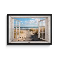 POSTER MIT RAHMENGERAHMTES BILD Fenster - Meer - Küste - Natur - Ausblick - Strand - Wattenmeer 60x40 cm - Beige, Papier (60/40cm) - MuchoWow
