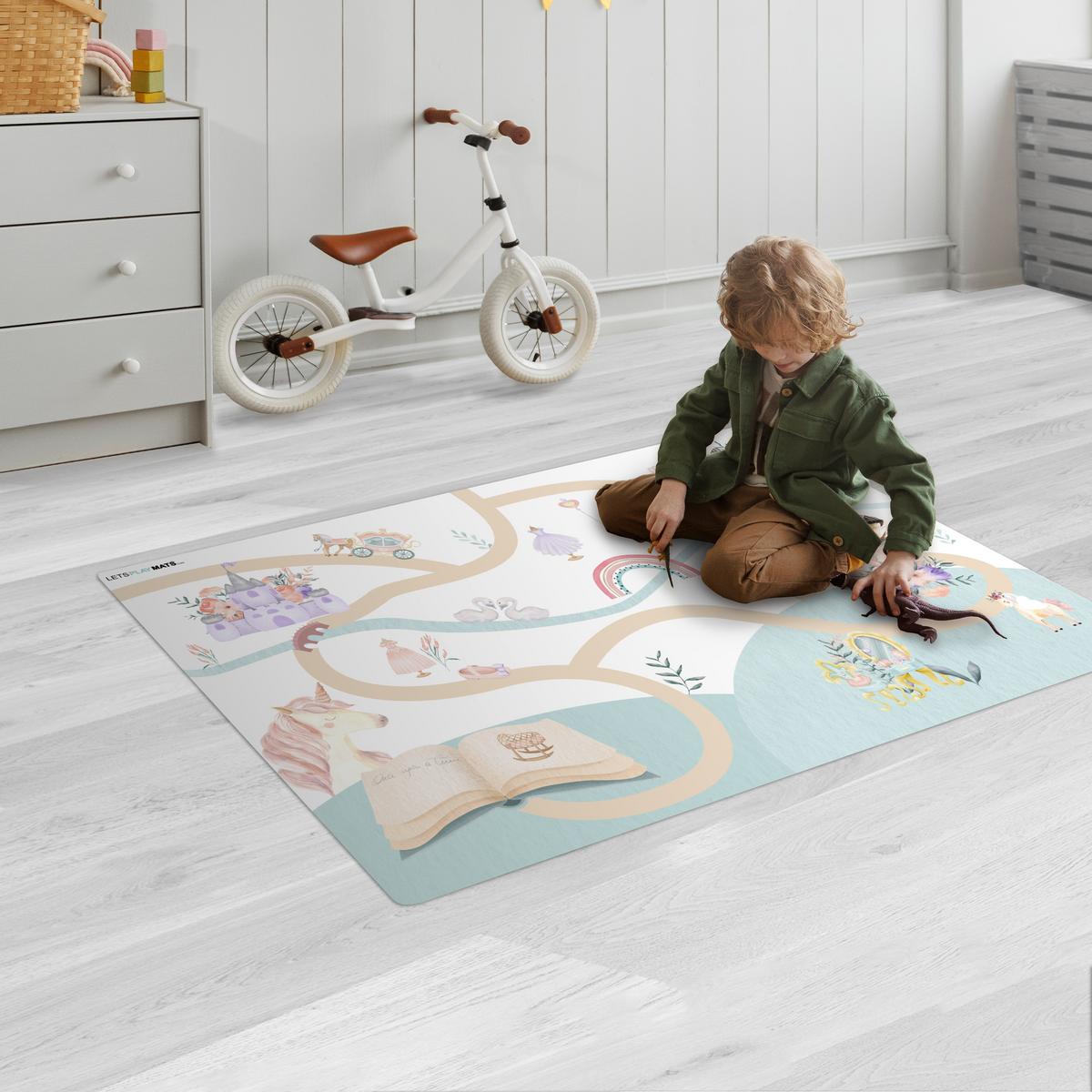 KINDERTEPPICH Prinzessin - Schloss - Blumen - Einhorn - Mädchen Spielmatte 105x70 cm - Weiß, Kunststoff (105/0.3cm) - OnlyWow