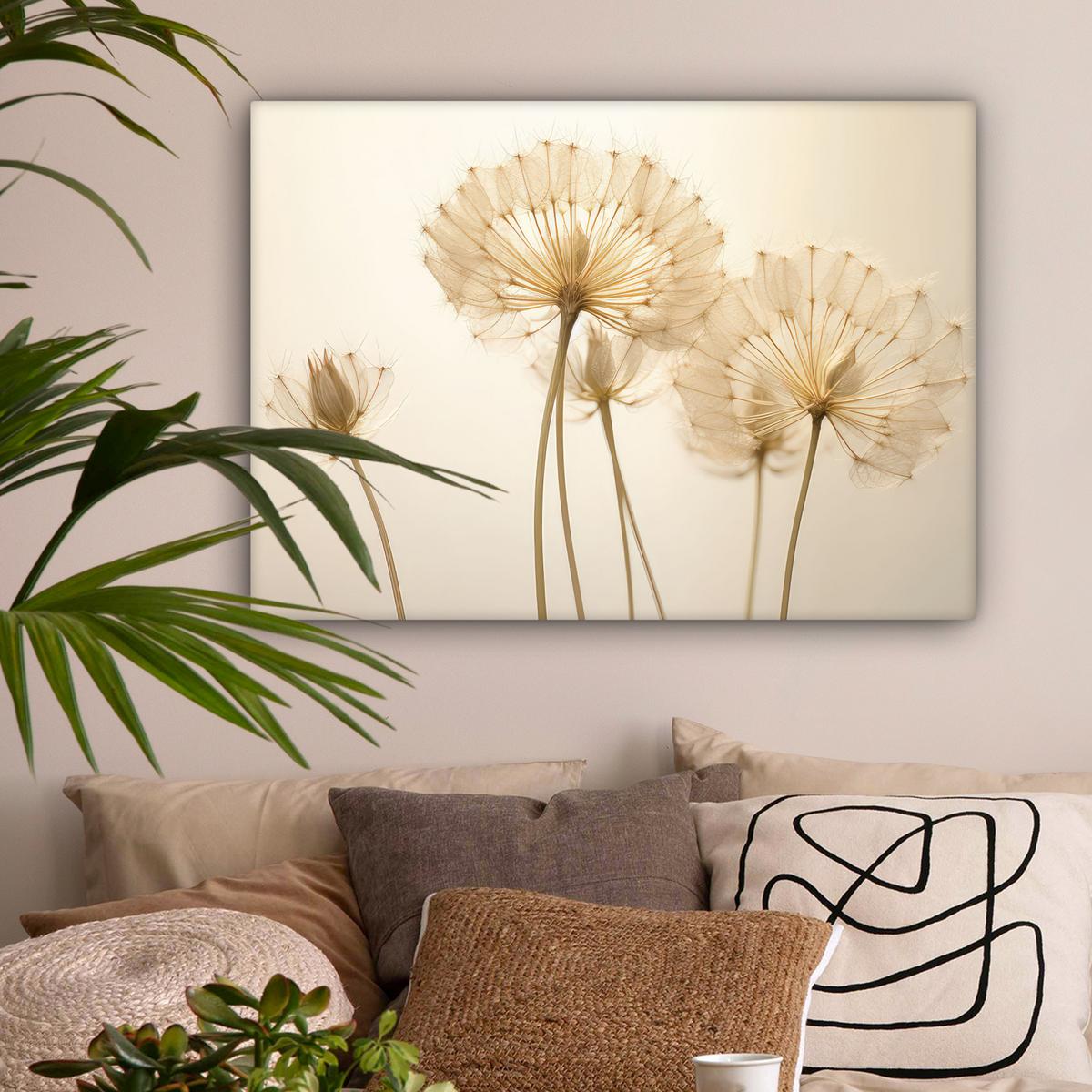 LEINWANDBILD Sonnenlicht - Löwenzahn - Botanisch - Blumen Wandbilder 80x60 cm - Creme, Textil (80/60cm) - MuchoWow