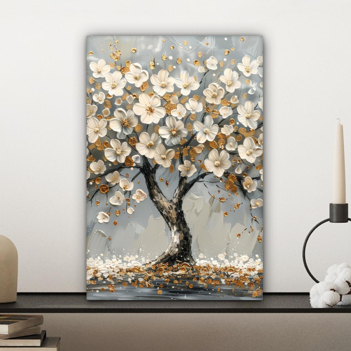 LEINWANDBILD Baum - Blumen - Weiß - Natur - Kunst Deko Wohnzimmer 20x30 cm - Weiß, Textil (20/30cm) - MuchoWow