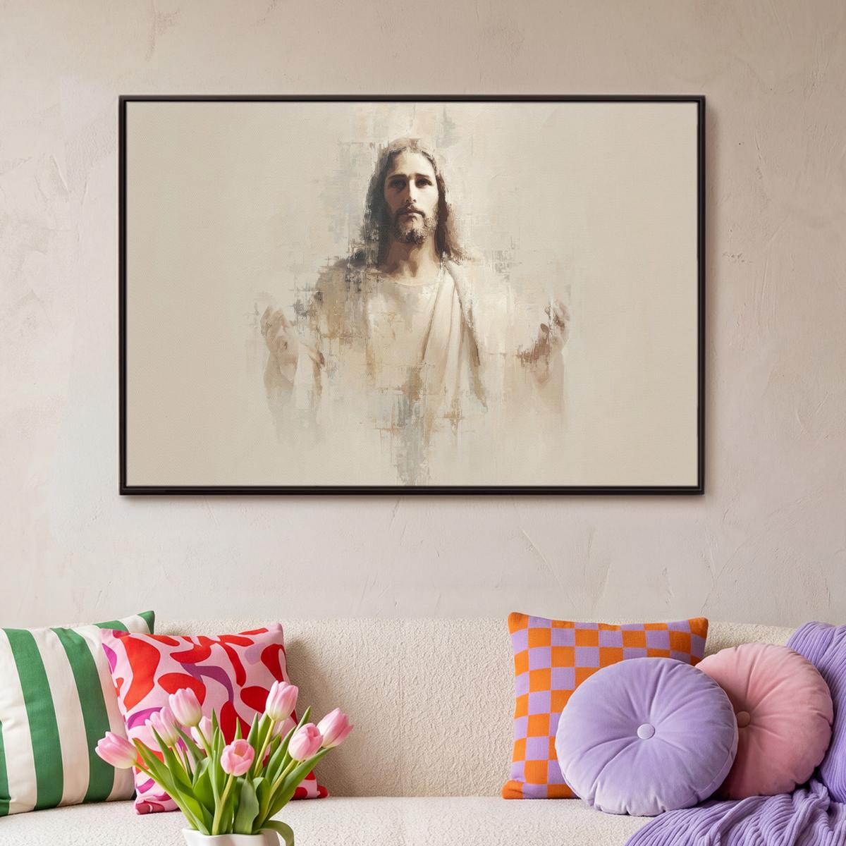 LEINWAND Bilder mit Rahmen - Porträt - Abstrakt - Jesus - Beige - 90x60 - Beige, Textil (90/60cm) - MuchoWow