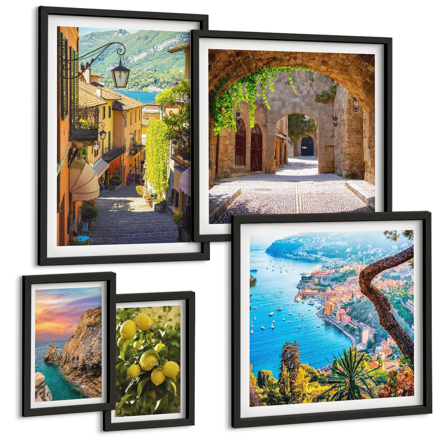 BILDER SET 5er Set - 50x50 cm & 20x30 cm & 40x60 cm Schwarzer Rahmen - Bezaubernde Straßen voller Zitronenblüten - Schwarz, Kunststoff (40/60cm) - TULUP